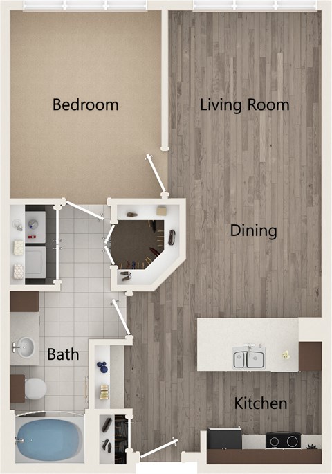 A floor plan of a small apartment with a bedroom, living room, kitchen, dining area and bathroom.